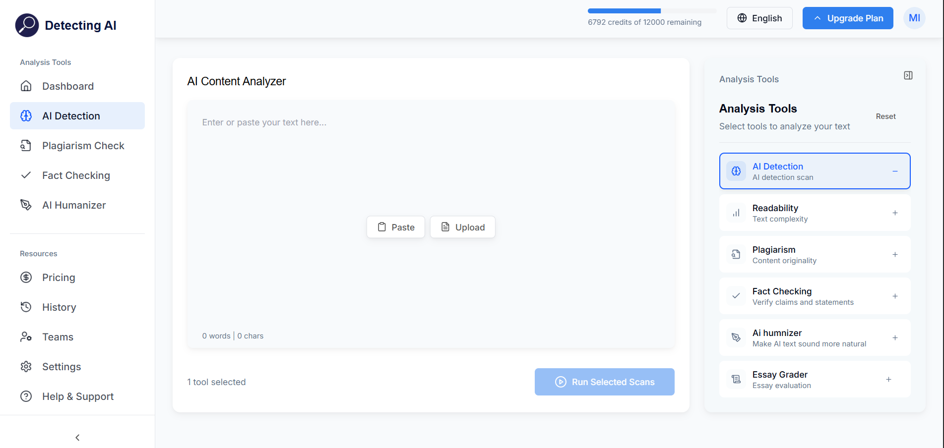Detecting AI dashboard with the AI Detection tool selected