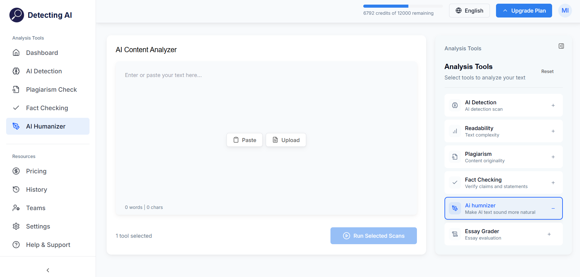 Detecting AI dashboard with the AI Humanizer tool selected